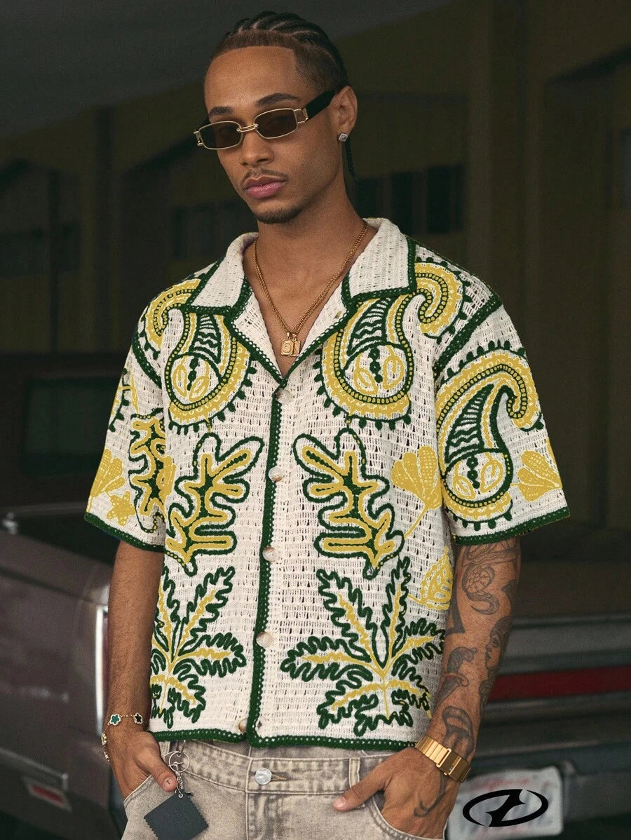 Cashew Flower Pattern Boxy Fit Polo Collar Short Sleeve Knit Top For Men