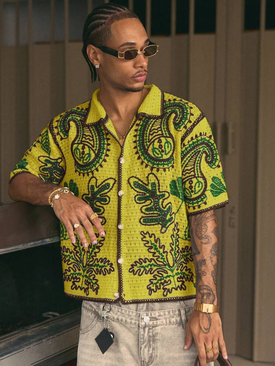 Cashew Flower Pattern Boxy Fit Polo Collar Short Sleeve Knit Top For Men