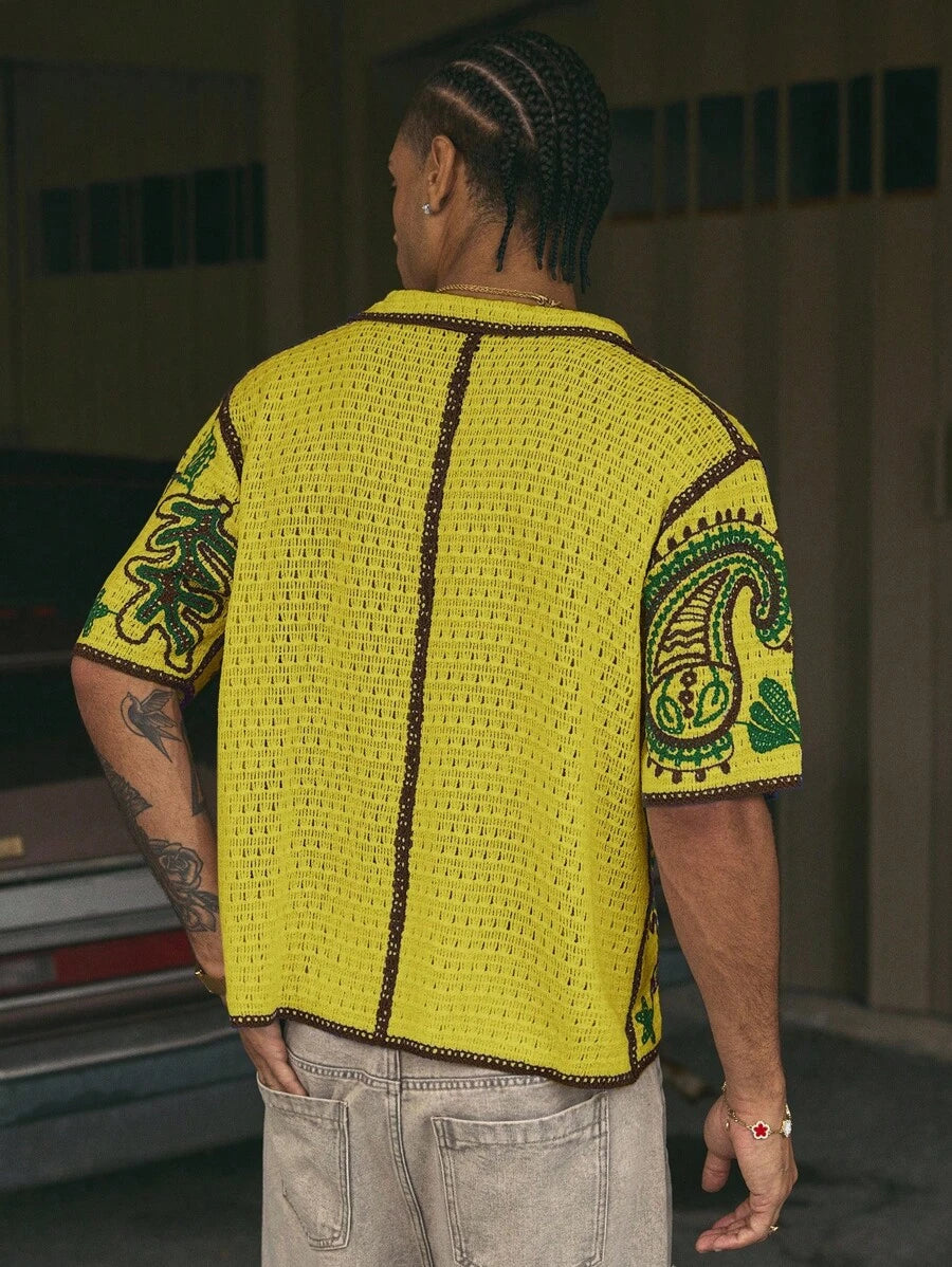 Cashew Flower Pattern Boxy Fit Polo Collar Short Sleeve Knit Top For Men