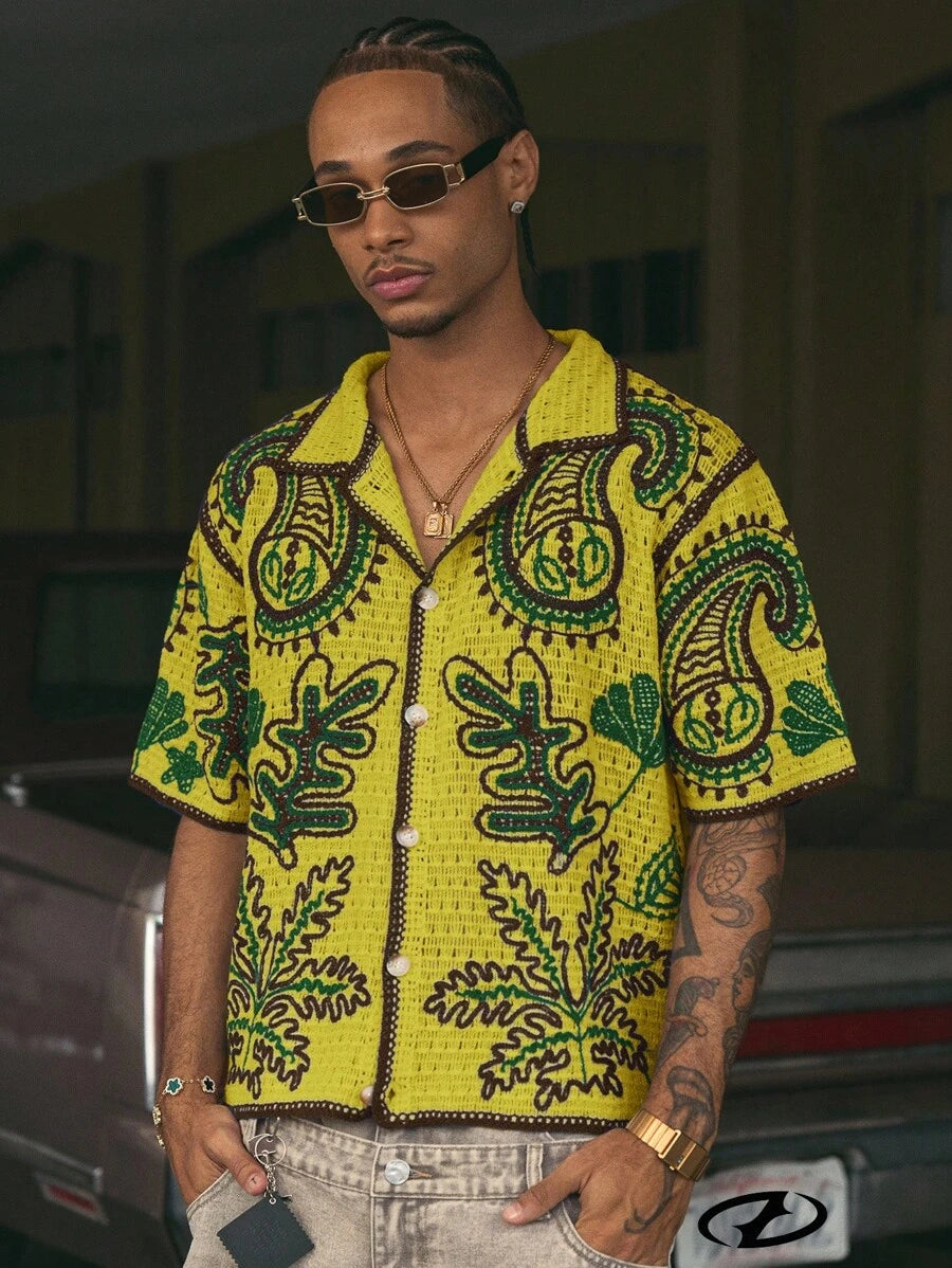 Cashew Flower Pattern Boxy Fit Polo Collar Short Sleeve Knit Top For Men