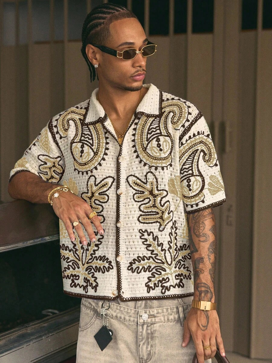 Cashew Flower Pattern Boxy Fit Polo Collar Short Sleeve Knit Top For Men