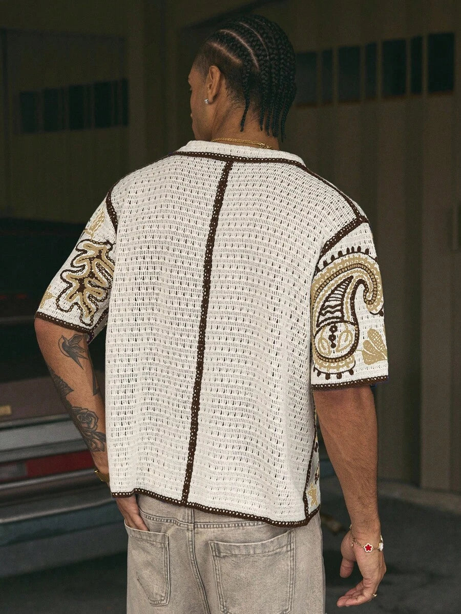 Cashew Flower Pattern Boxy Fit Polo Collar Short Sleeve Knit Top For Men
