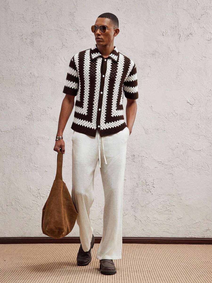 Men's Knitted Fitted Short Sleeve Casual Cardigan Fall Sweater