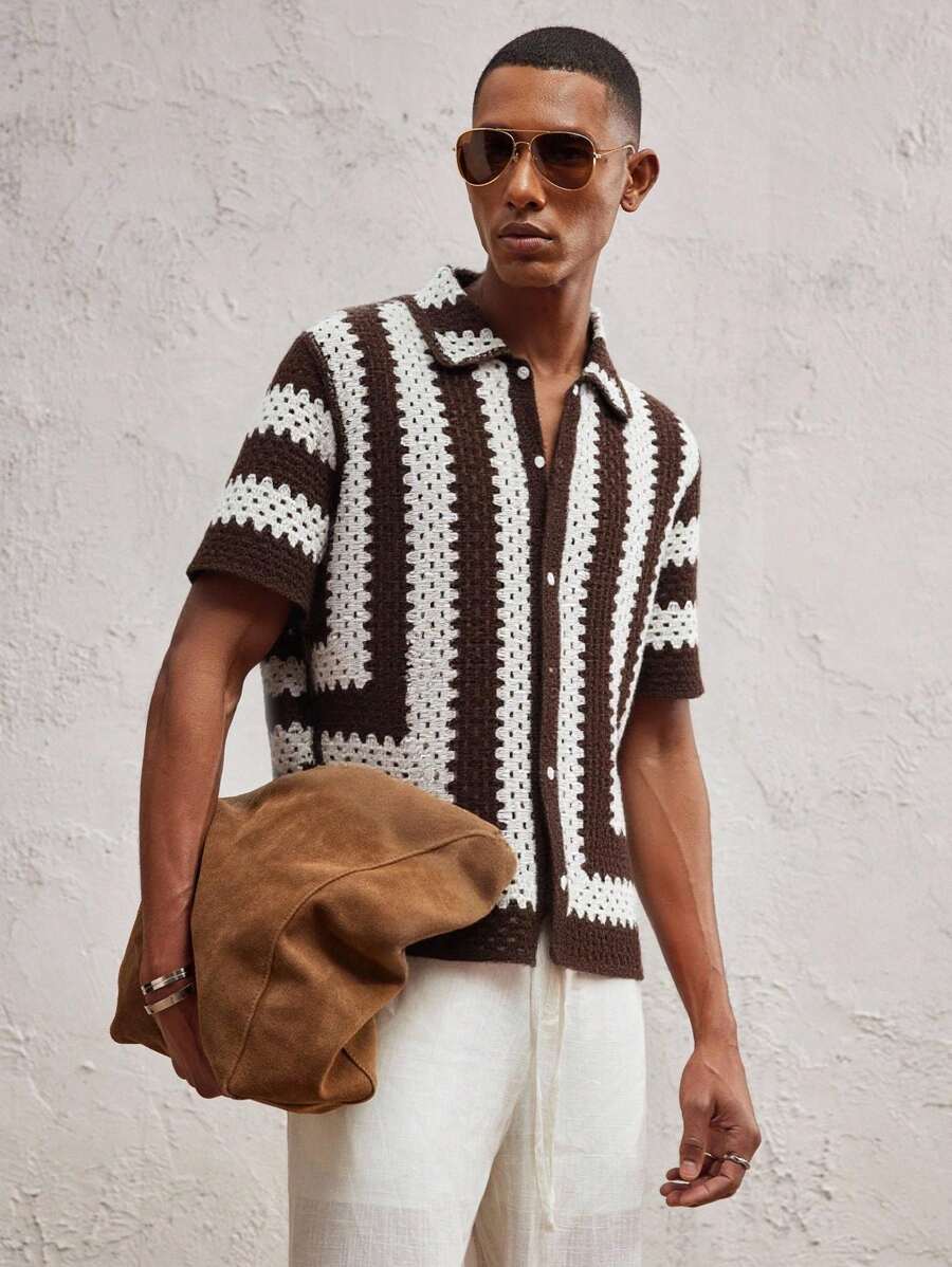 Men's Knitted Fitted Short Sleeve Casual Cardigan Fall Sweater
