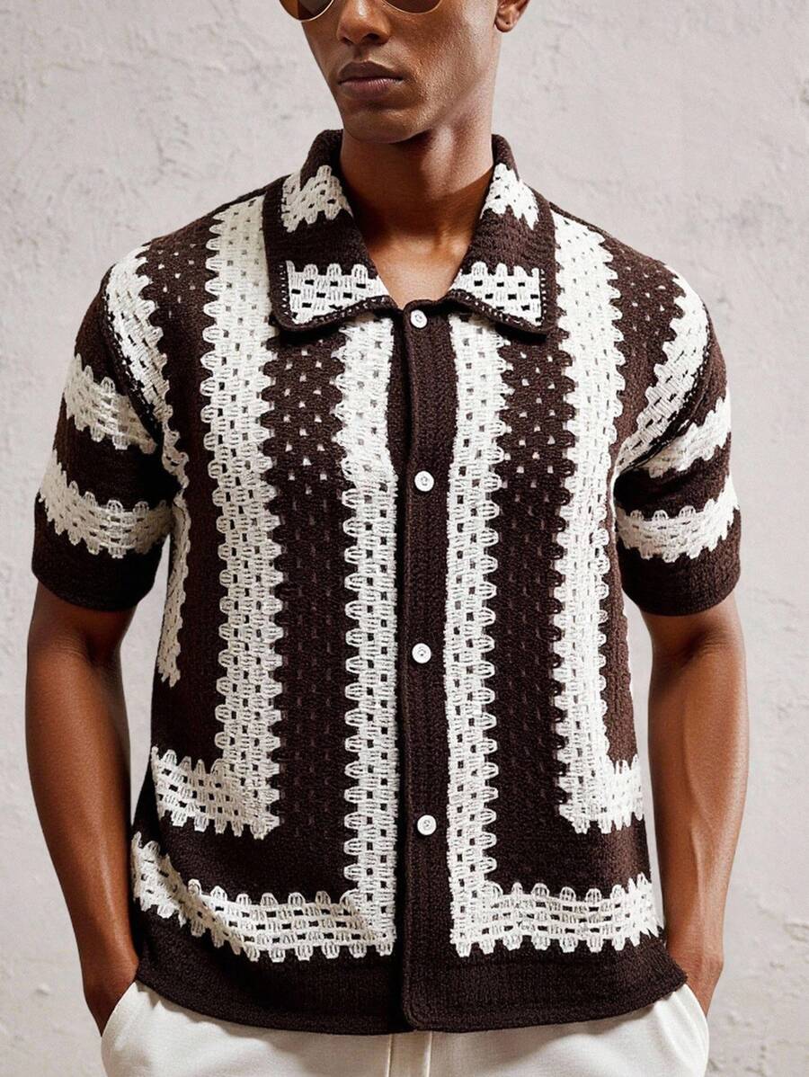 Men's Knitted Fitted Short Sleeve Casual Cardigan Fall Sweater