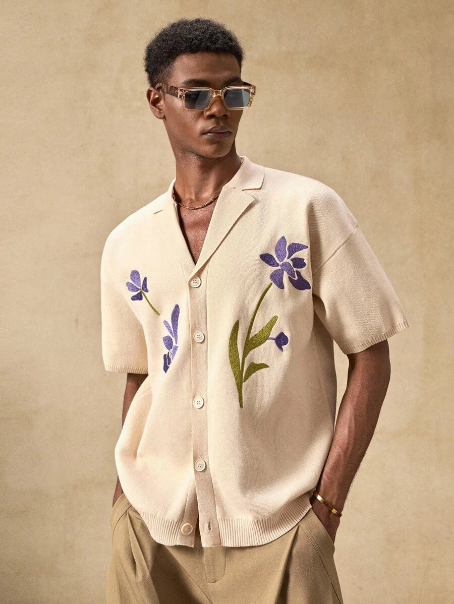 Men's Knitted Casual Loose Fit Short Sleeve Cardigan Sweater