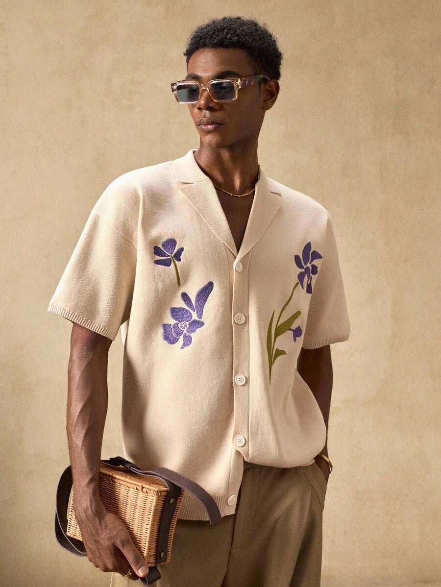 Men's Knitted Casual Loose Fit Short Sleeve Cardigan Sweater