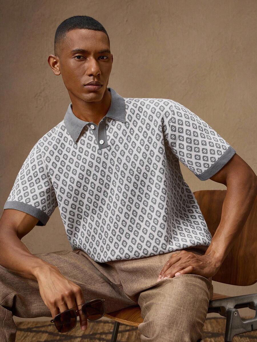 Business Casual Men's Vintage Yellow Jacquard Knit Slim Fit Short Sleeve Tee