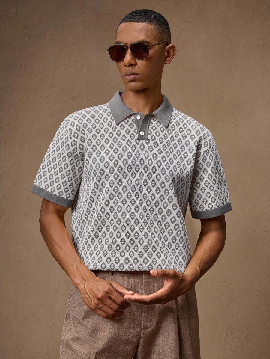 Business Casual Men's Vintage Yellow Jacquard Knit Slim Fit Short Sleeve Tee