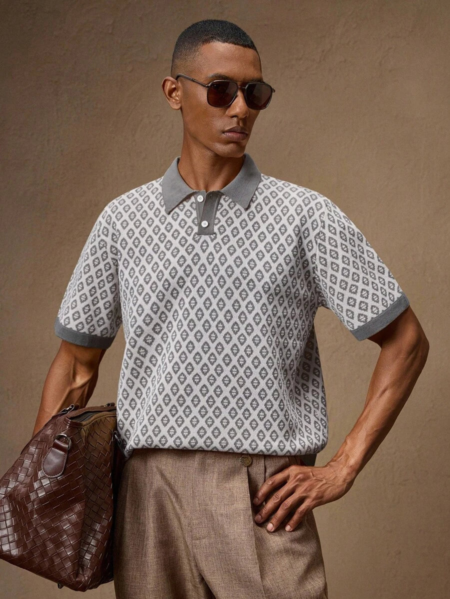 Business Casual Men's Vintage Yellow Jacquard Knit Slim Fit Short Sleeve Tee