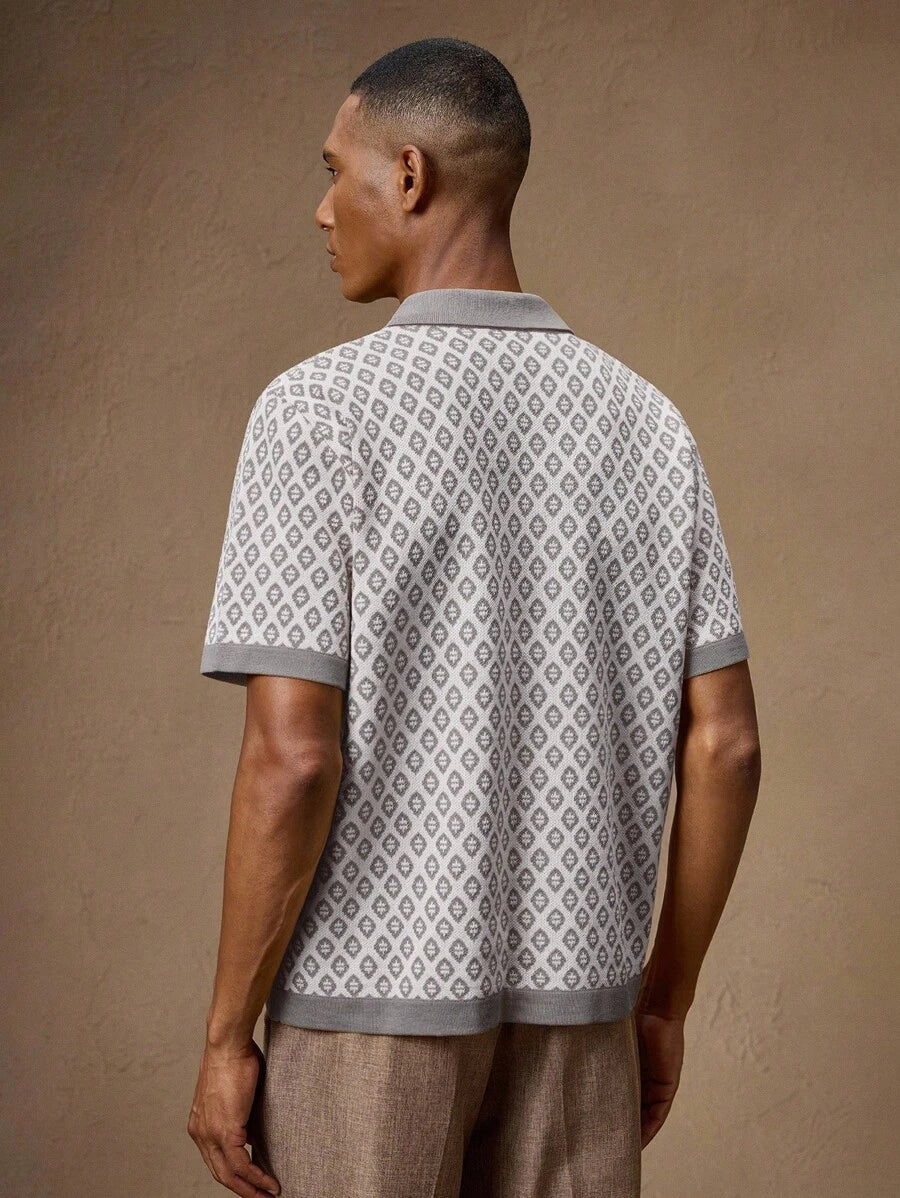 Business Casual Men's Vintage Yellow Jacquard Knit Slim Fit Short Sleeve Tee