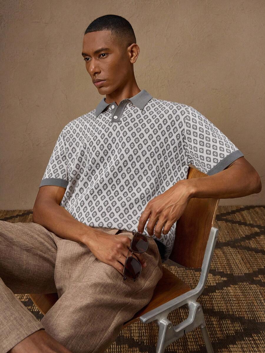 Business Casual Men's Vintage Yellow Jacquard Knit Slim Fit Short Sleeve Tee