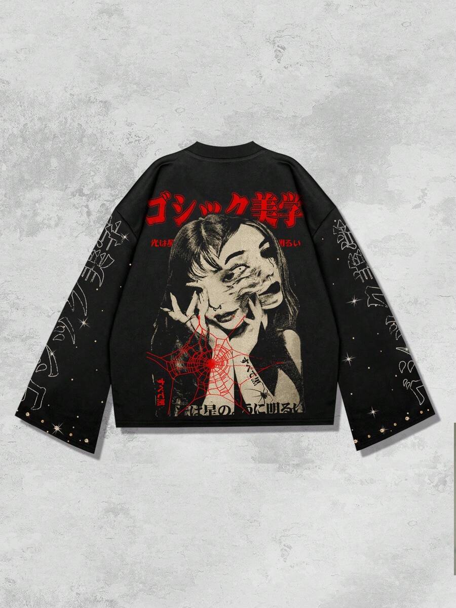 Distressed Saint Graphic Print Long Sleeve Crew Neck Men's T-Shirt
