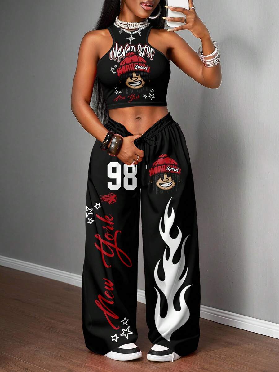 2pcs Women Casual Tight Camisole And Loose Pants Set
