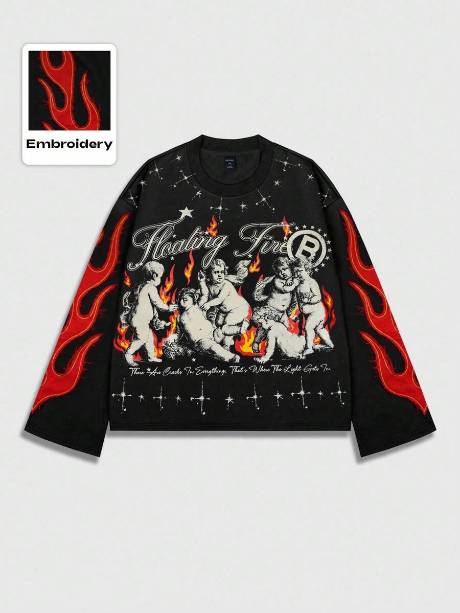 Distressed Saint Graphic Print Long Sleeve Crew Neck Men's T-Shirt