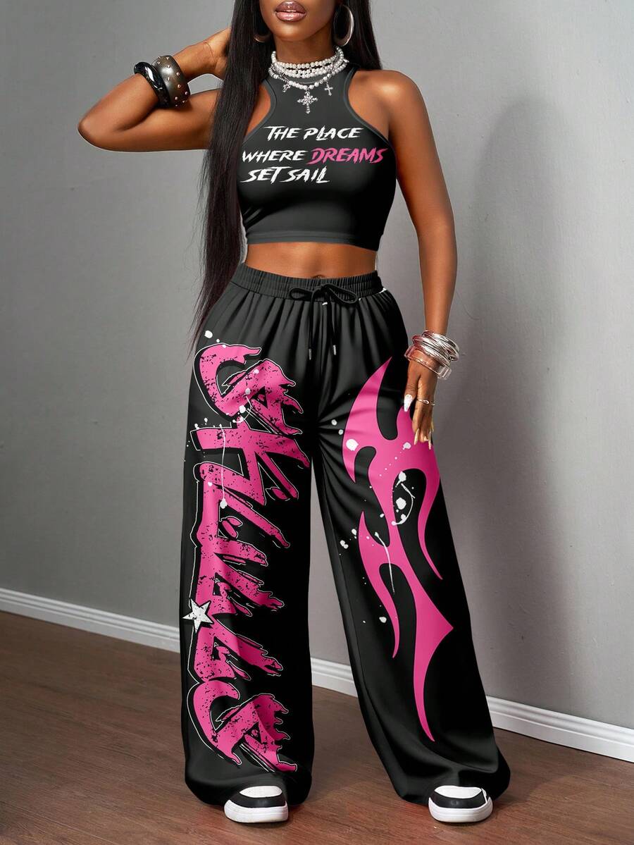 2pcs Women Casual Tight Camisole And Loose Pants Set