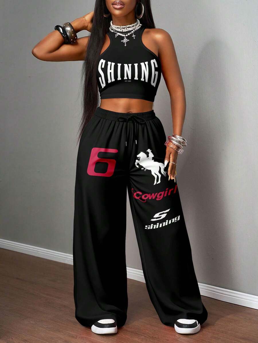 2pcs Women Casual Tight Camisole And Loose Pants Set