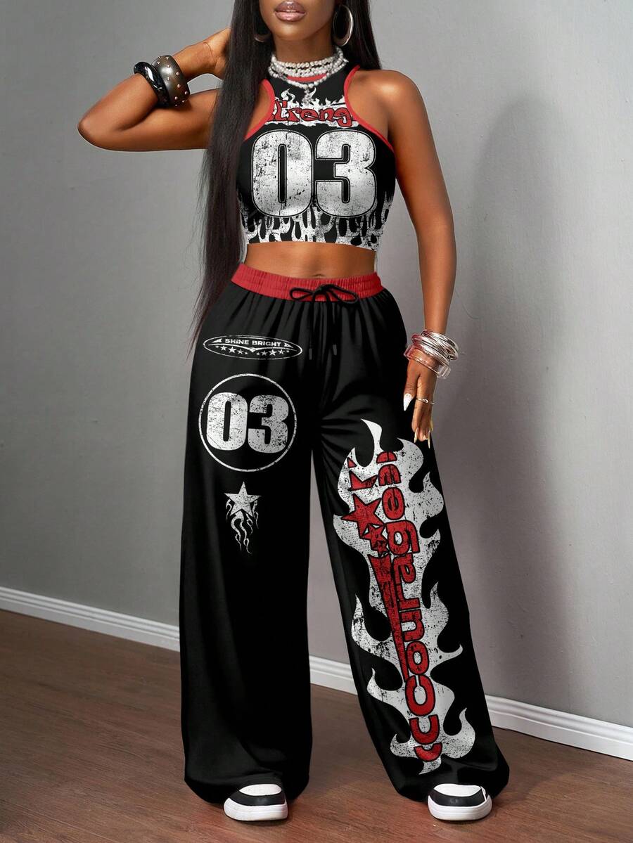 2pcs Women Casual Tight Camisole And Loose Pants Set