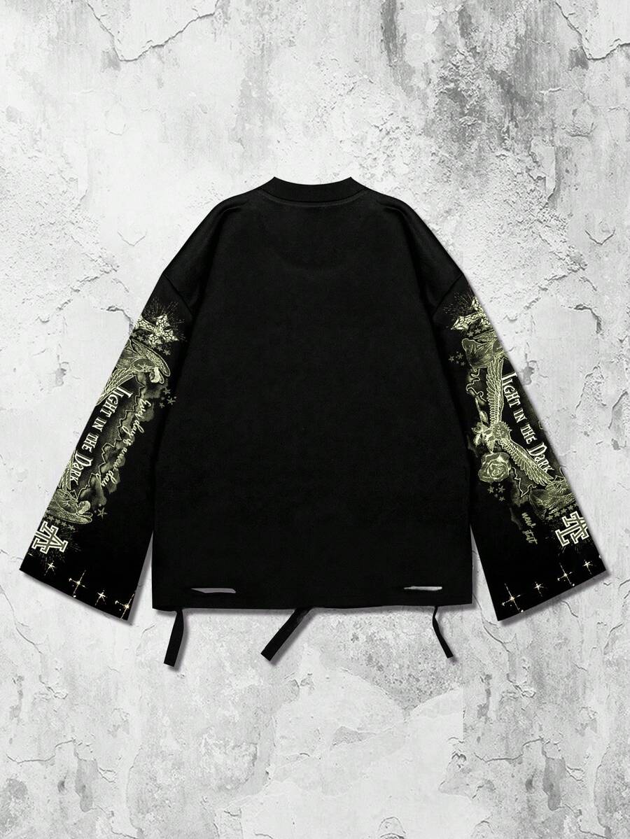 Distressed Saint Graphic Print Long Sleeve Crew Neck Men's T-Shirt