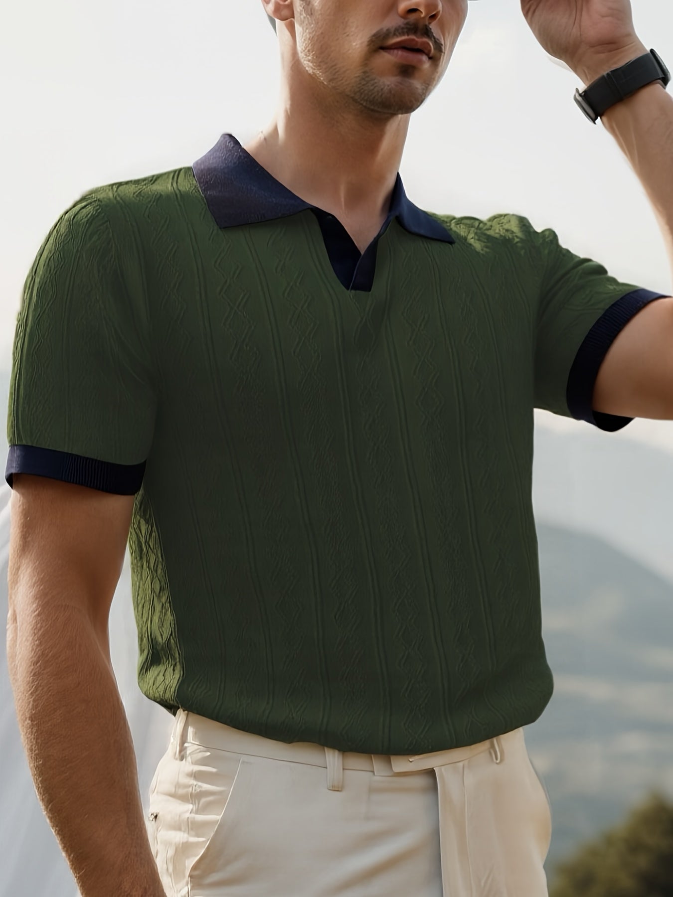 Men's Summer Slim Fit Contrast Collar Short Sleeve Knit Sweater