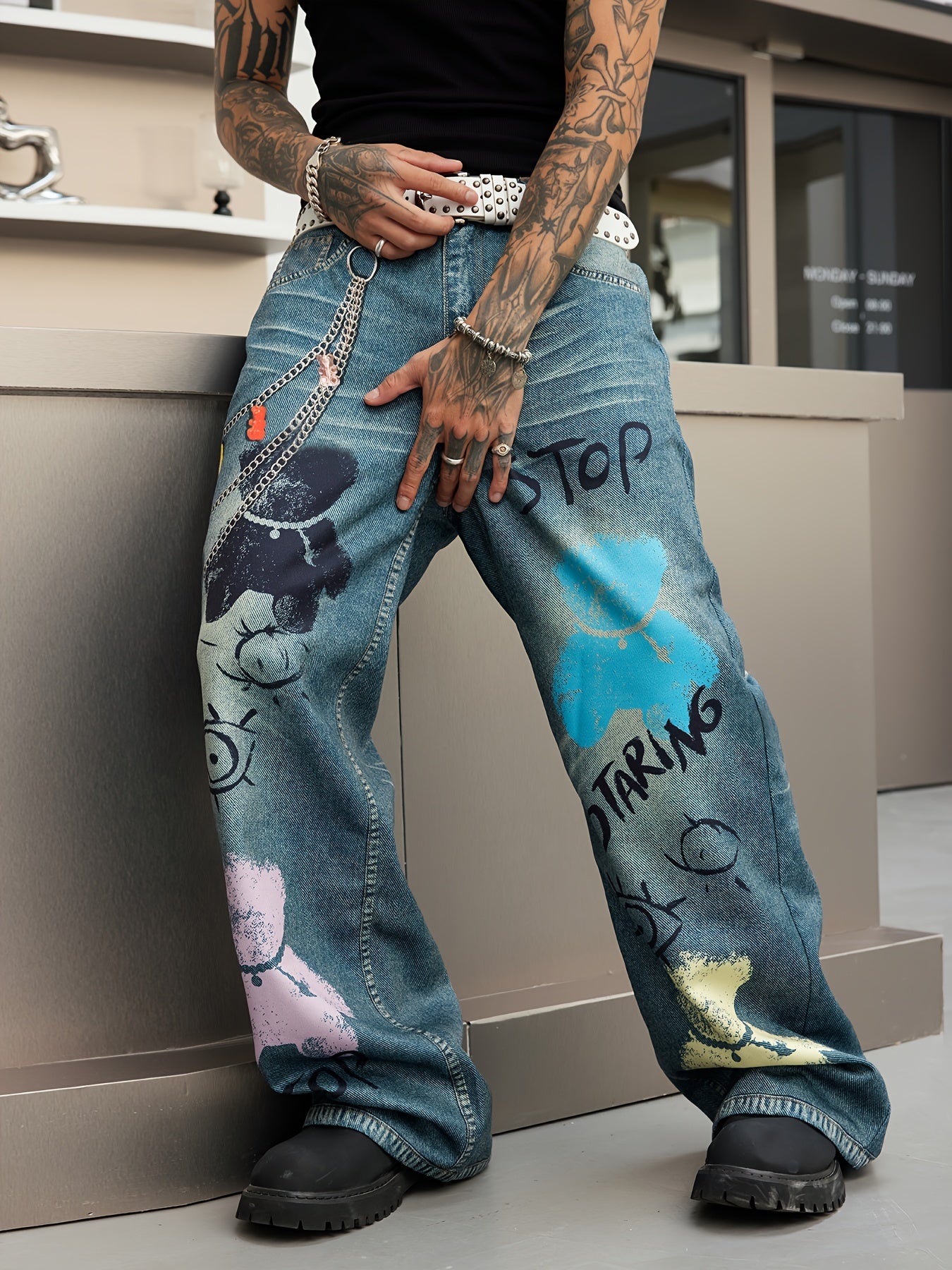 Printed Loose Fit Straight Leg Faux Denim