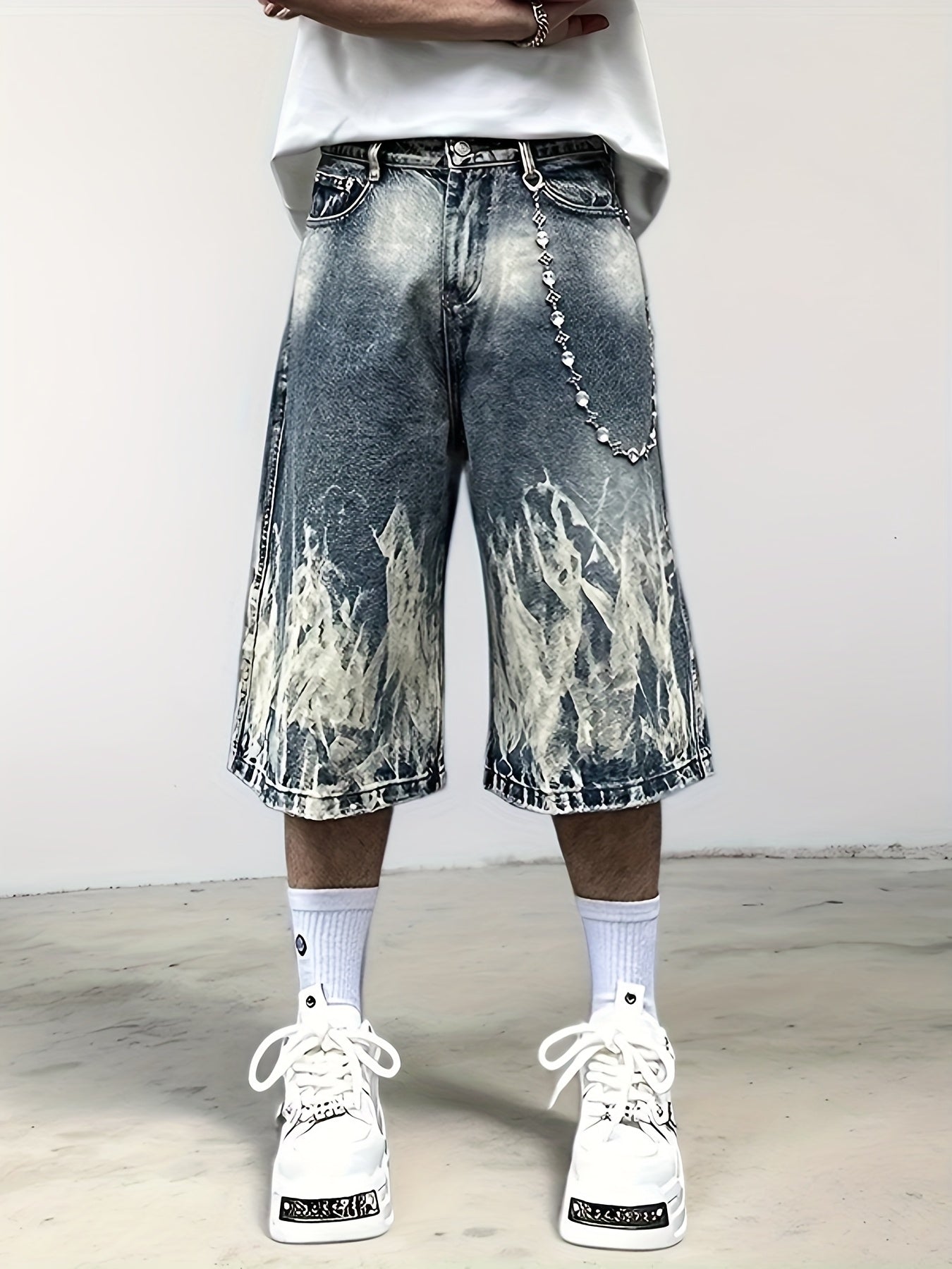 Men'S Punk-Inspired Loose Fit Denim Shorts