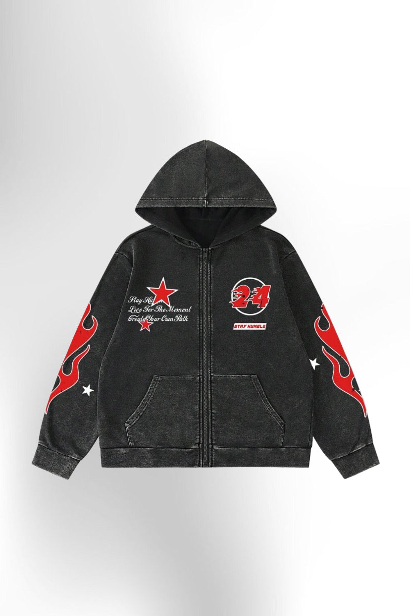Washed Print Zip-Up Hoodie
