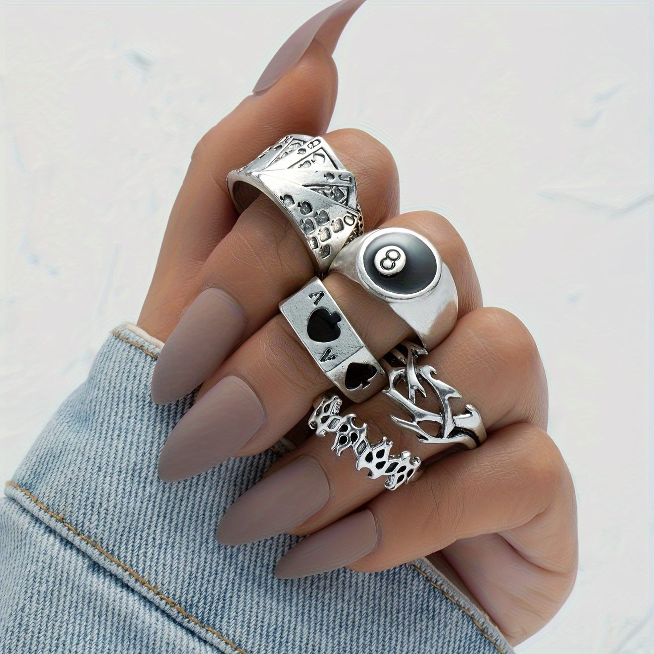 Set Of 5 Silvery Vintage Ring Sets