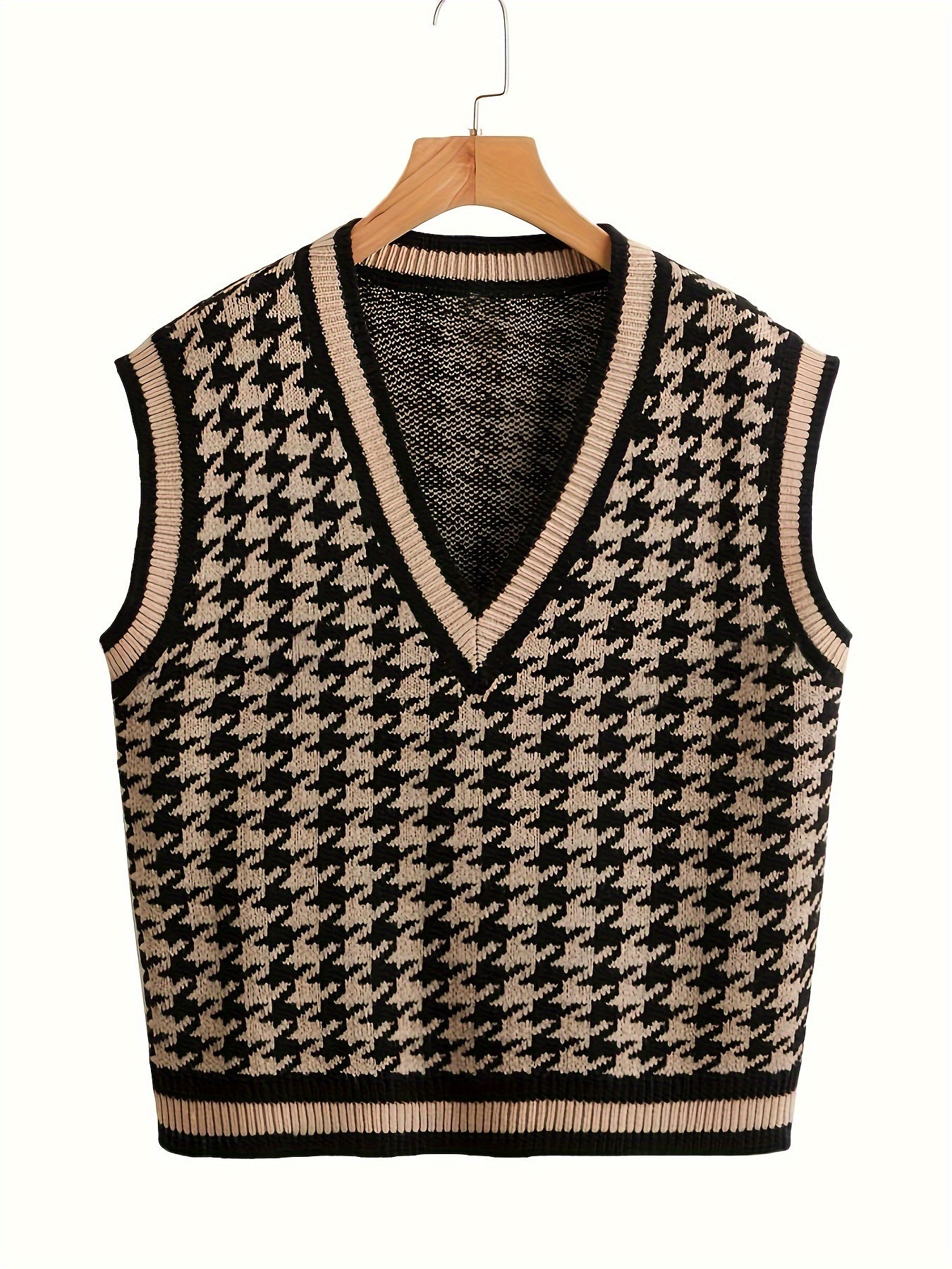 Houndstooth Print V Neck Sweater Vest