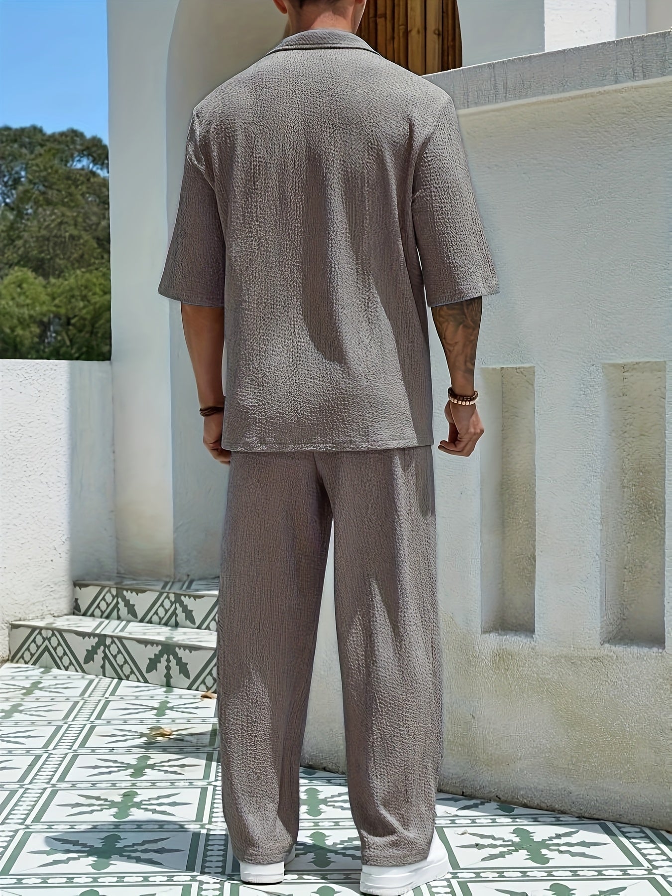 Summer Men's Casual Loose Short Sleeve Long Pants Turnover Collar Two-piece Set