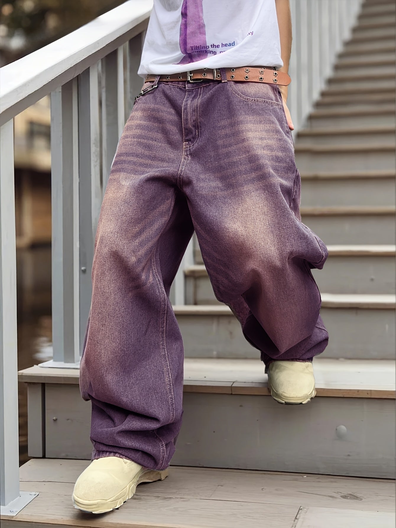 Distressed Color Wash Loose-Fit Denim Jeans