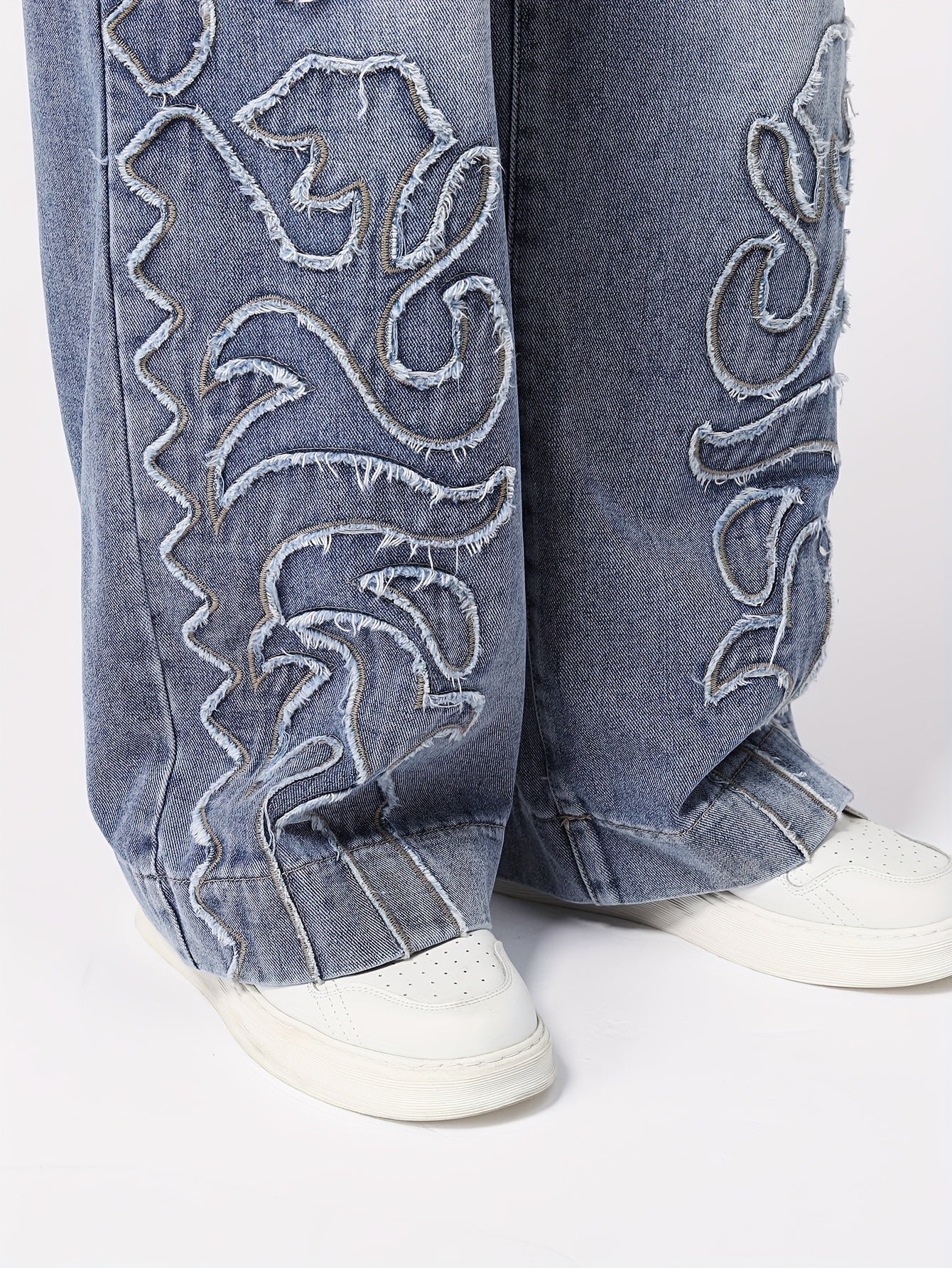 Men's Loose Geometric Embroidery Graphic Print Denim Jeans