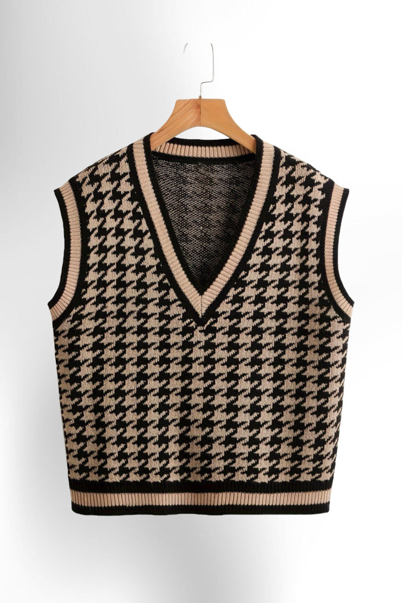 Houndstooth Print V Neck Sweater Vest
