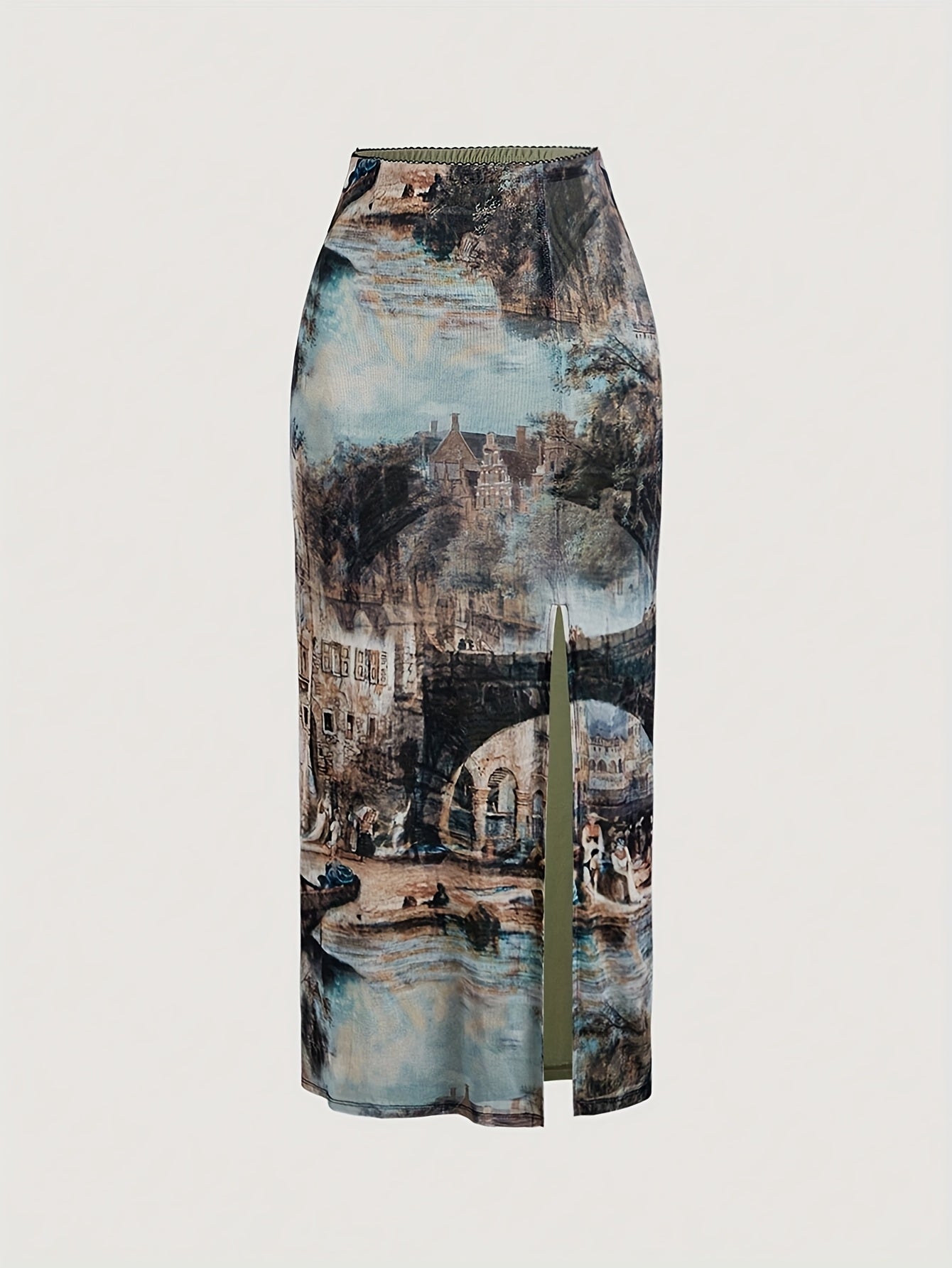 Women's Vintage Oil Painting Print Slim-Fit Skirt