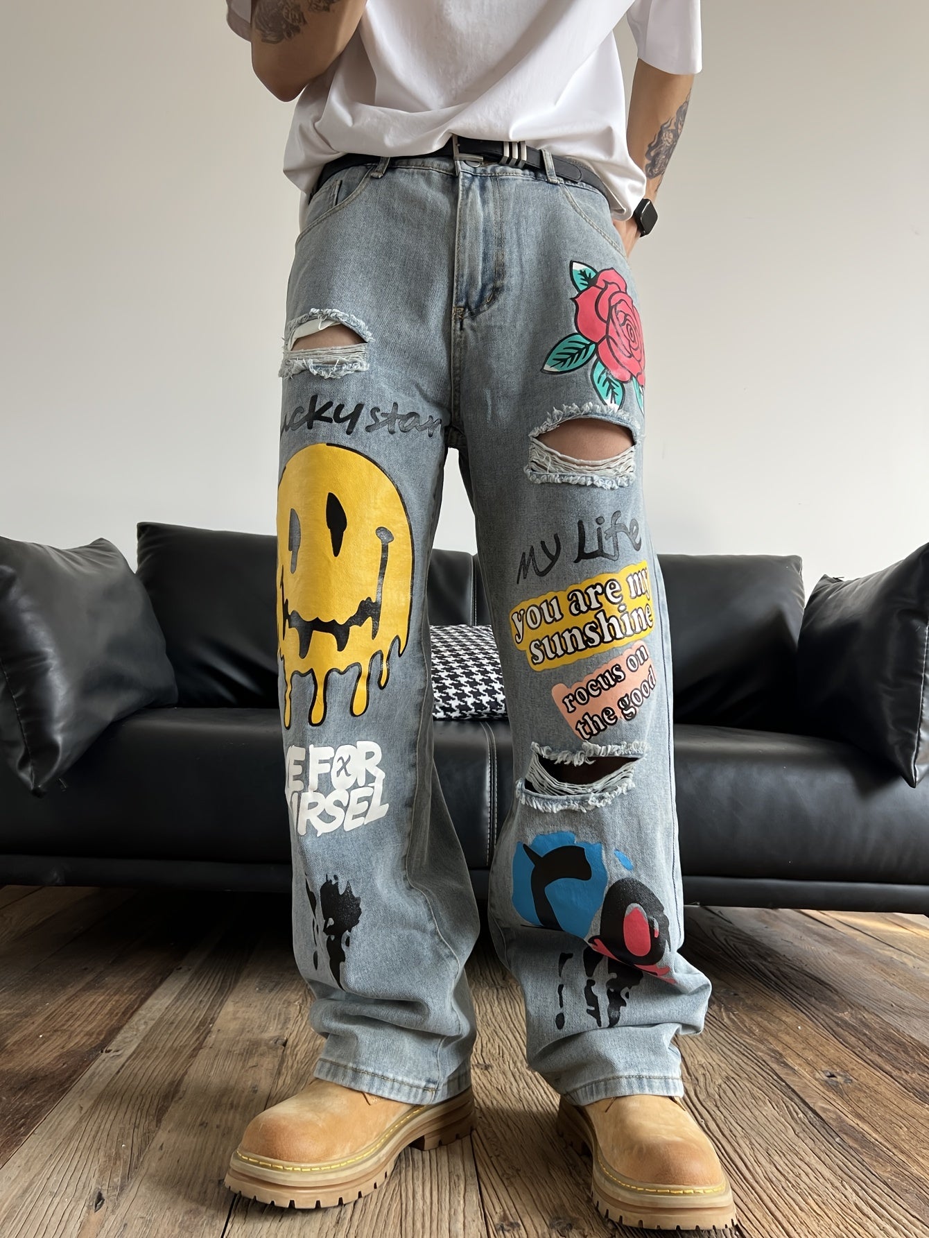 Printed Ripped Jeans