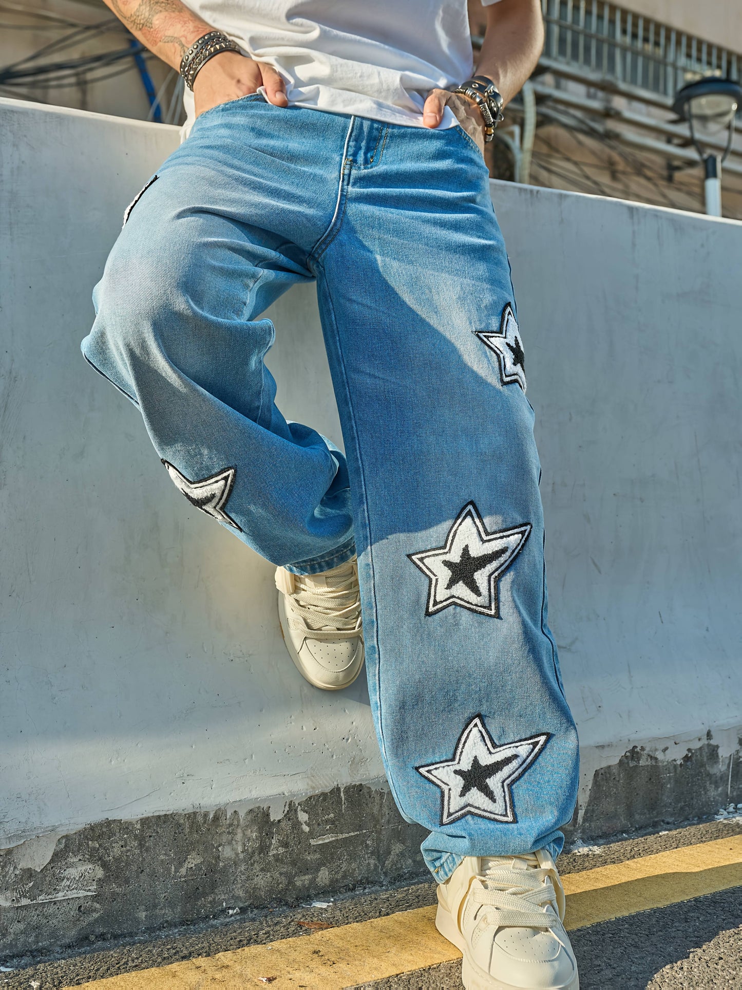 Vintage-Inspired Star Pattern Loose Fit Jeans