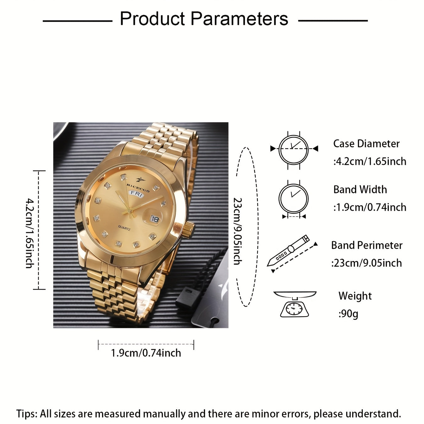 Men's Luxury Business Golden Stainless Steel Strap Dual Calendar Quartz Watch