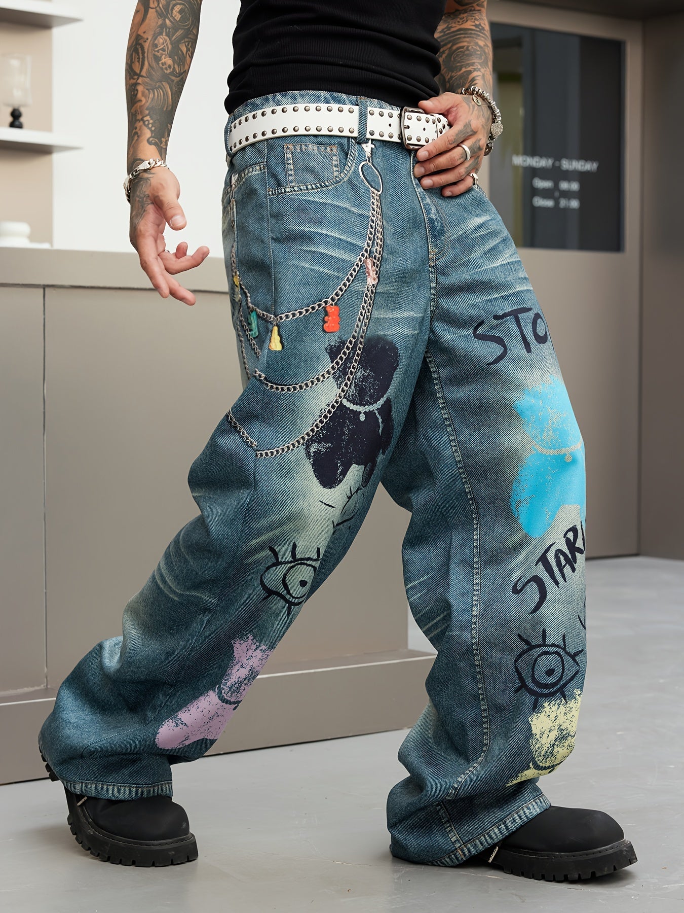 Printed Loose Fit Straight Leg Faux Denim