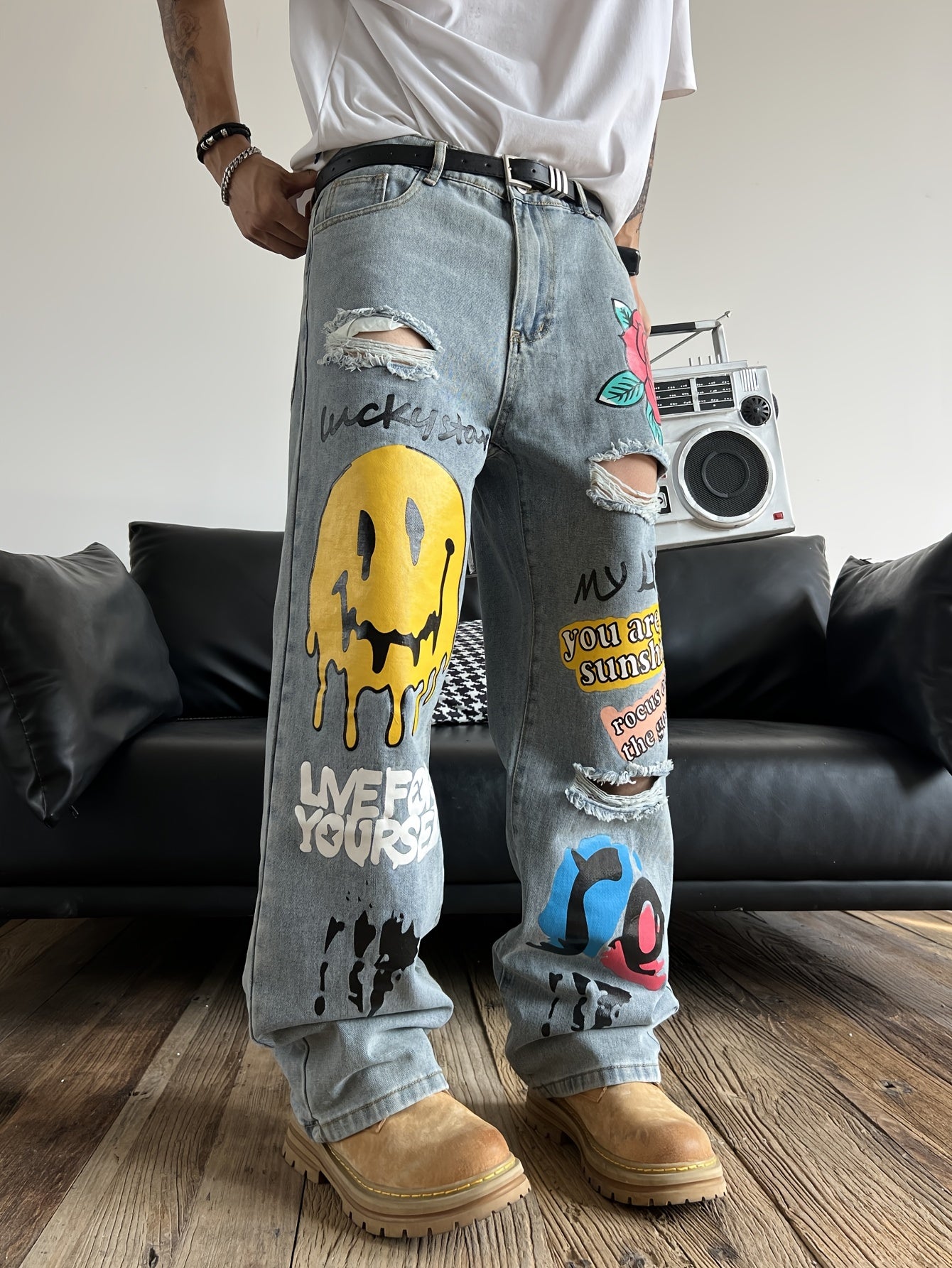 Printed Ripped Jeans