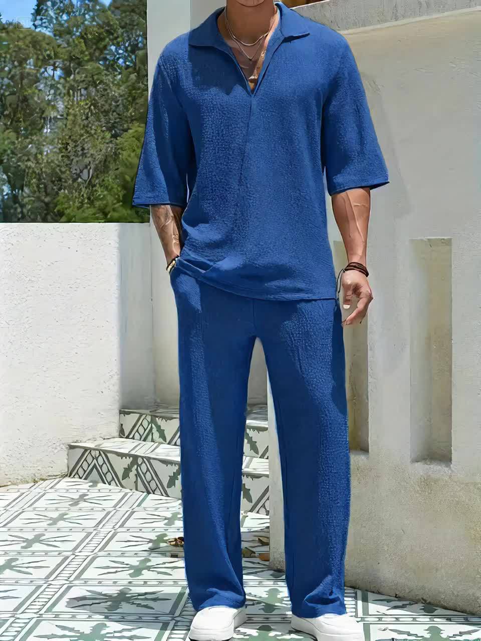 Summer Men's Casual Loose Short Sleeve Long Pants Turnover Collar Two-piece Set