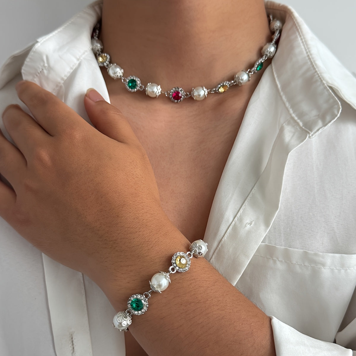 Colored Imitation Pearl Necklace and Bracelet