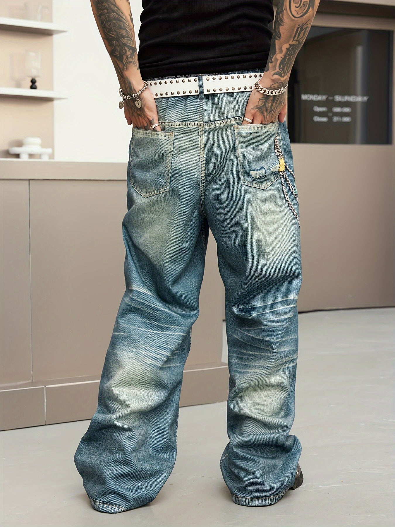 Printed Loose Fit Straight Leg Faux Denim