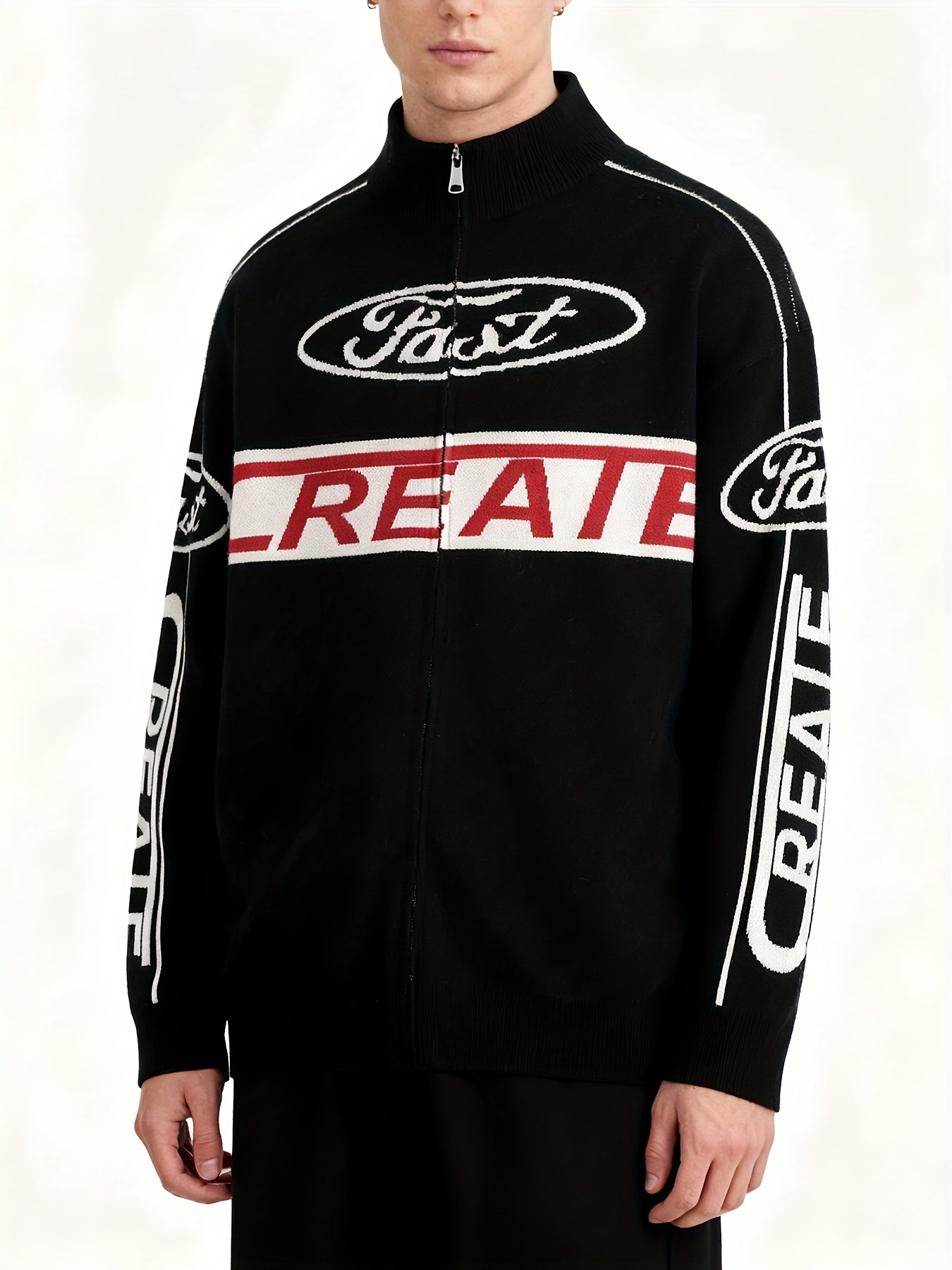 Men's Heavyweight Full-Zip Letter Graphic Sweater Jacket