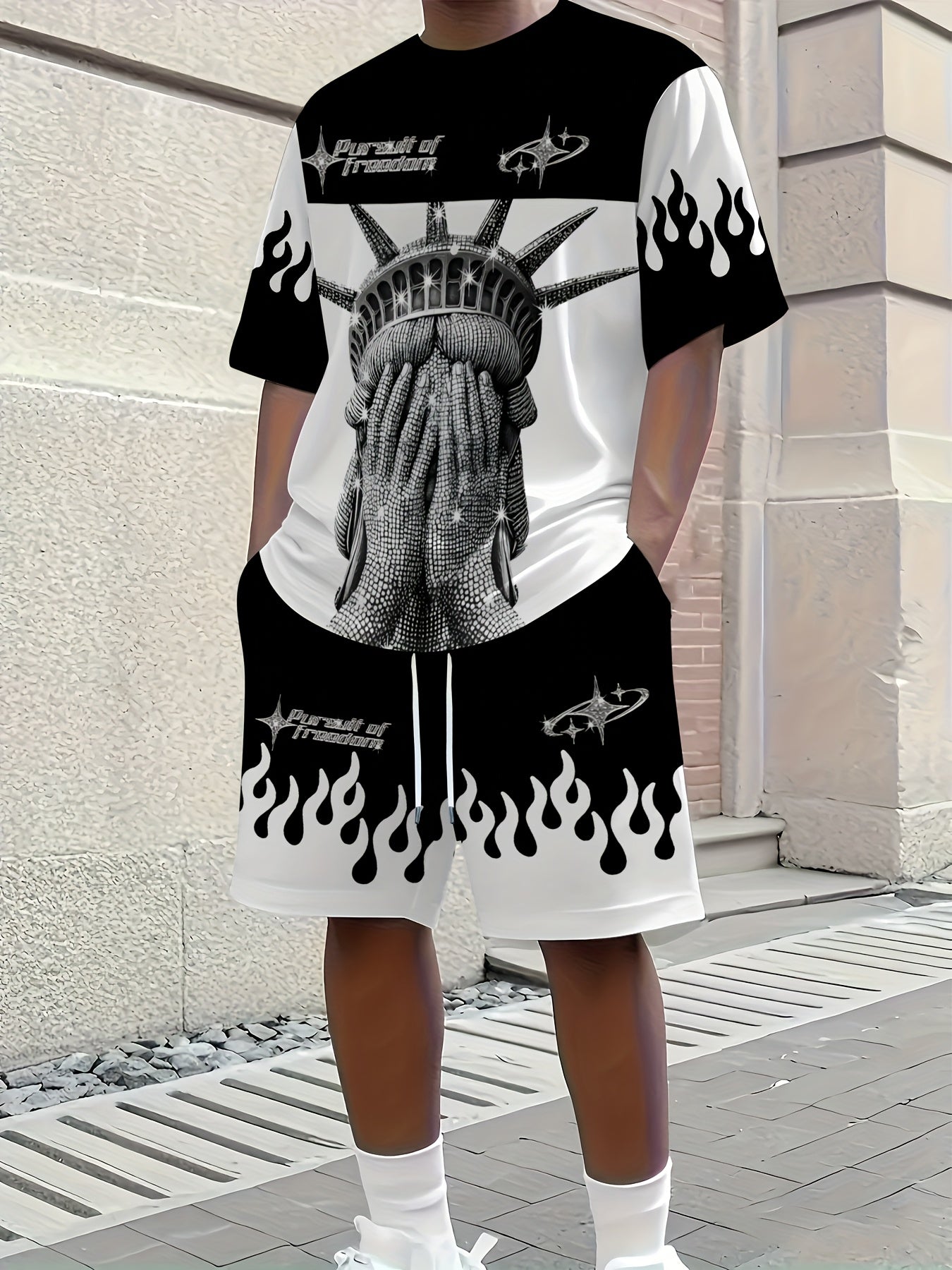 2pcs Men'S Graphic T-Shirt & Shorts Set