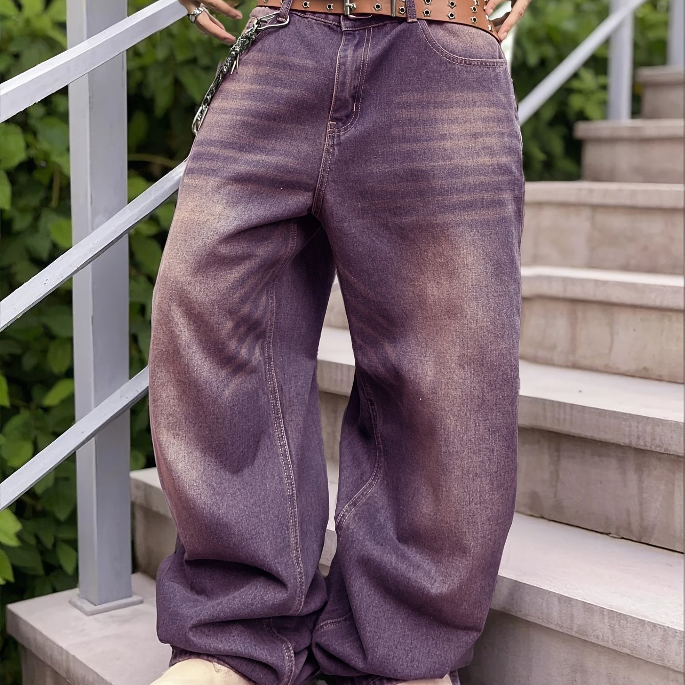 Distressed Color Wash Loose-Fit Denim Jeans