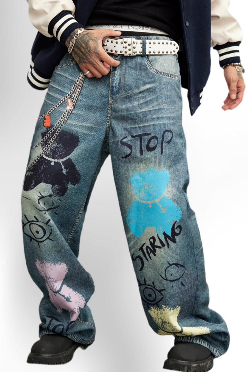 Printed Loose Fit Straight Leg Faux Denim