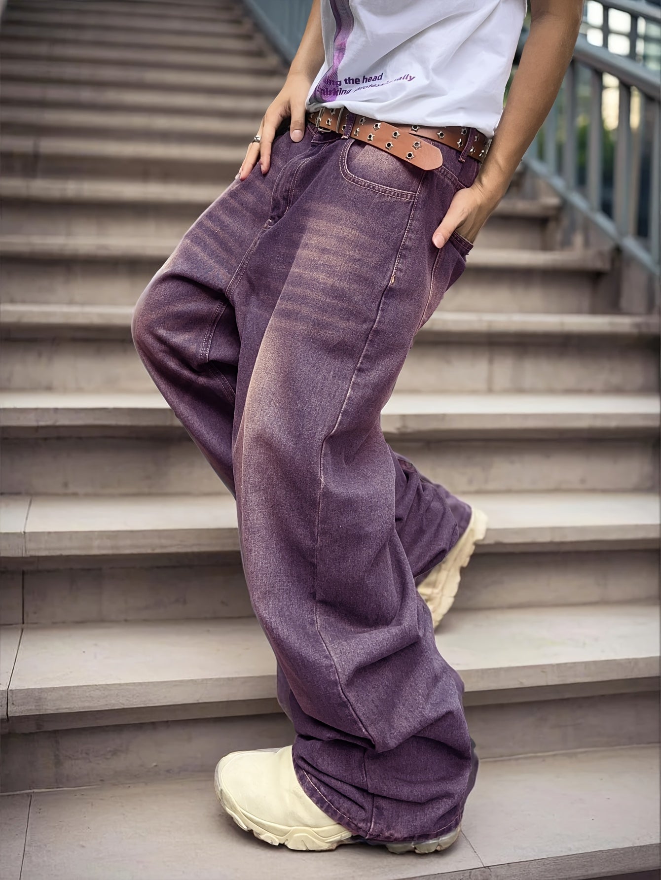 Distressed Color Wash Loose-Fit Denim Jeans