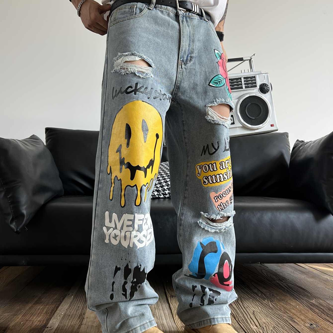 Printed Ripped Jeans