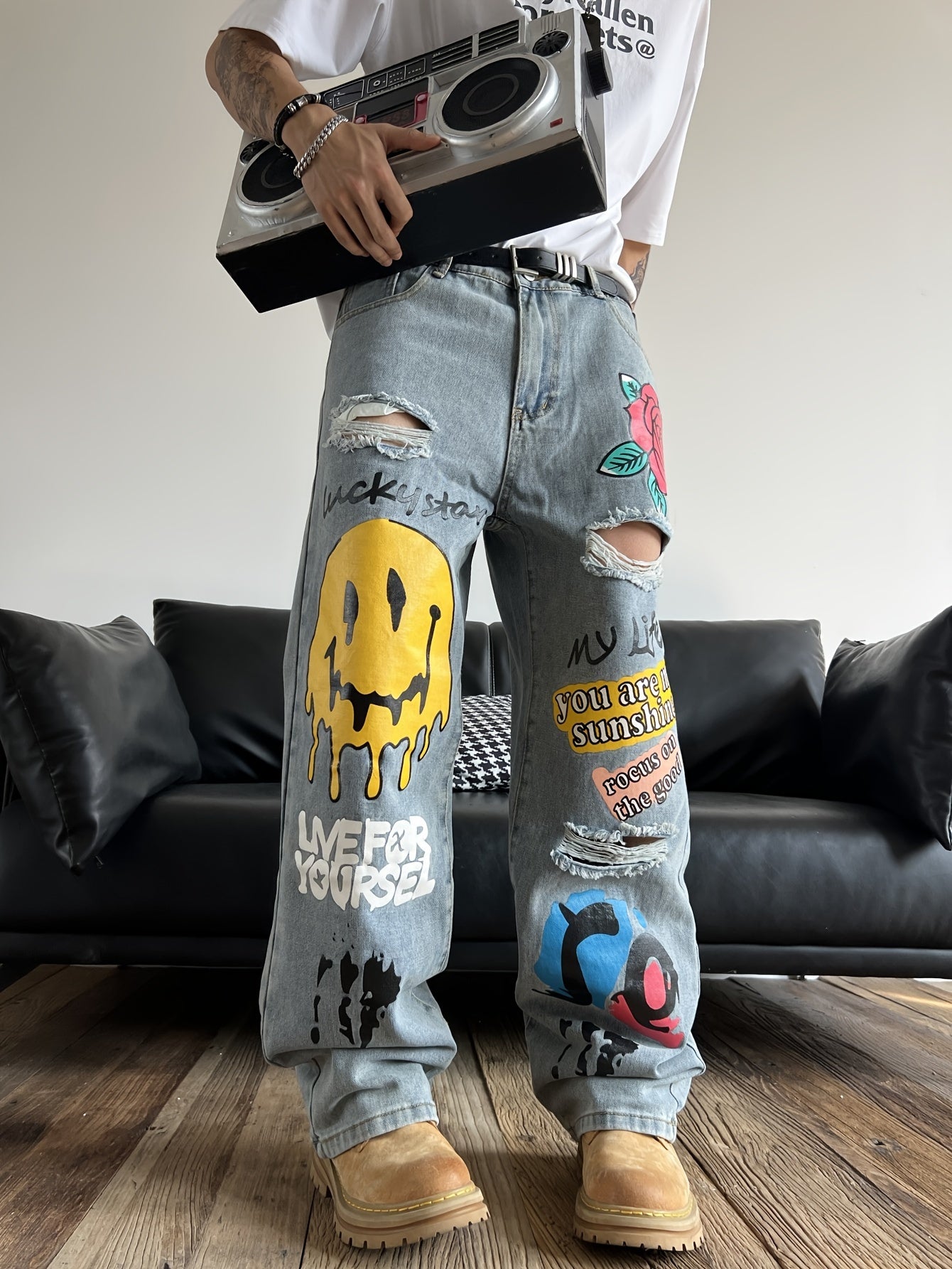 Printed Ripped Jeans