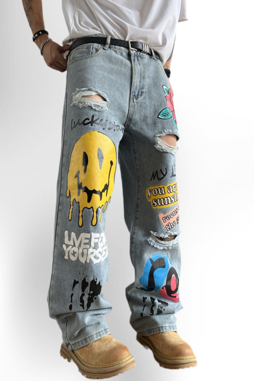 Printed Ripped Jeans